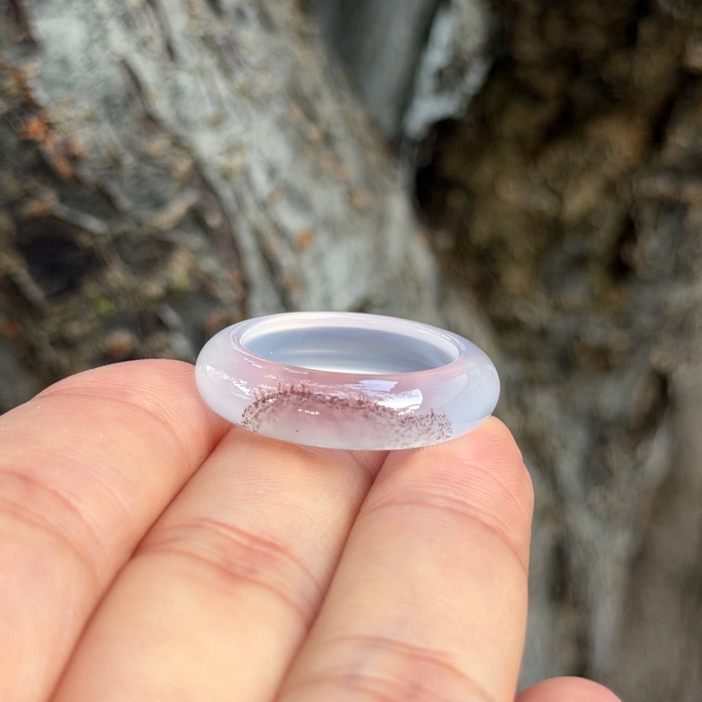 Size 8.75 white natural dendritic‎ scenic agate band ring 0681